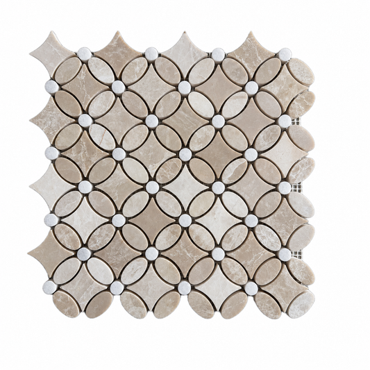 Belgravia Beige Polished Marble Flower Mosaic Tiles: front view of one complete mesh-mounted sheet