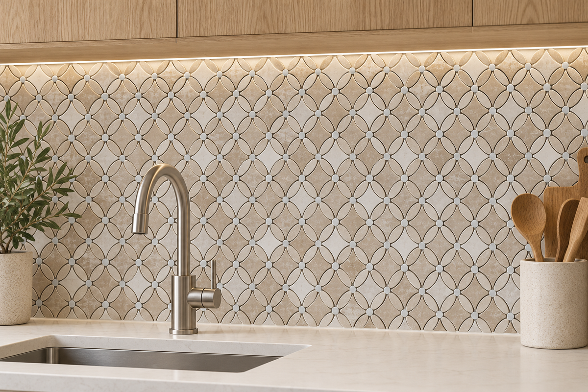 Belgravia Beige Polished Marble Flower Mosaic Tiles: installed as a kitchen splashback above a cream worktop