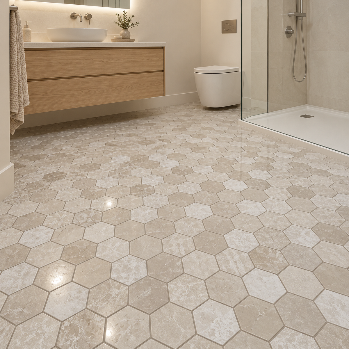 Belgravia Beige Polished Marble Hexagon Mosaic Tiles 48x48: installed on a bathroom floor beside a walk-in shower