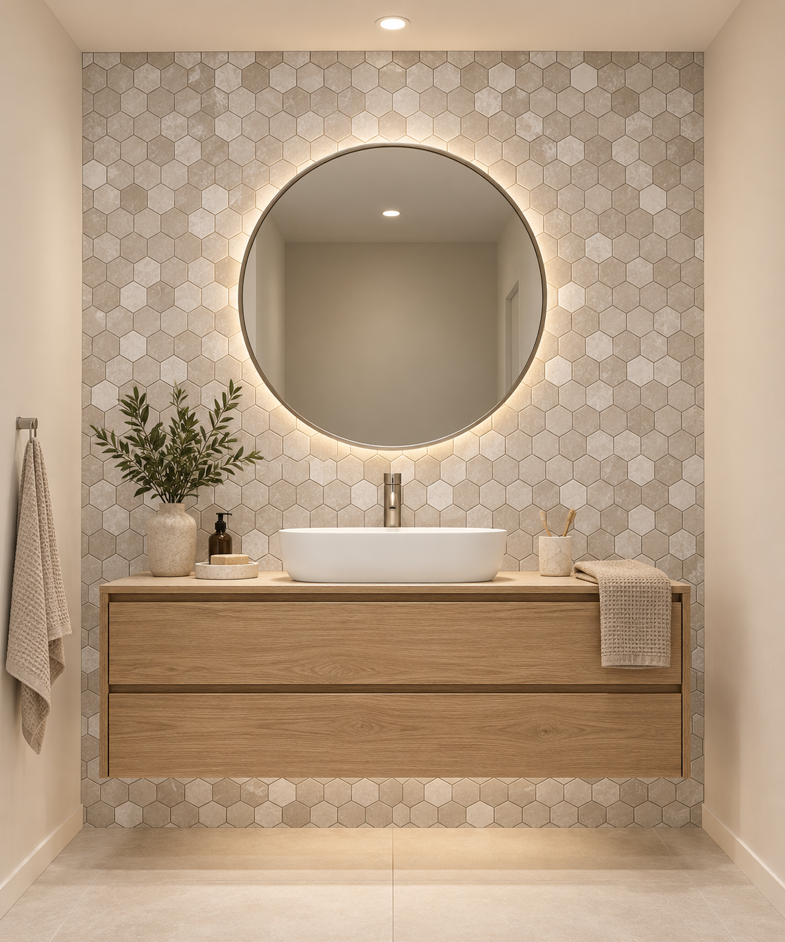 Belgravia Beige Polished Marble Hexagon Mosaic Tiles 48x48: installed on a windowless bathroom vanity feature wall
