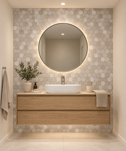 Belgravia Beige Polished Marble Hexagon Mosaic Tiles 48x48: installed on a windowless bathroom vanity feature wall