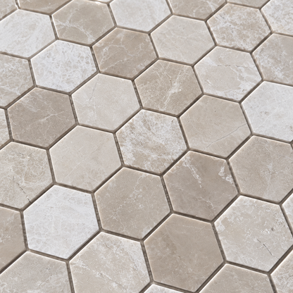 Belgravia Beige Polished Marble Hexagon Mosaic Tiles 48x48: close-up of the natural stone texture, pattern and grout joints