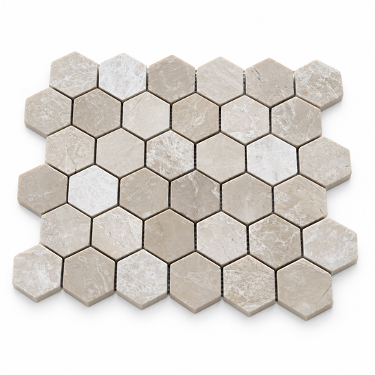 Belgravia Beige Polished Marble Hexagon Mosaic Tiles 48x48: angled sheet view showing stone edges and thickness