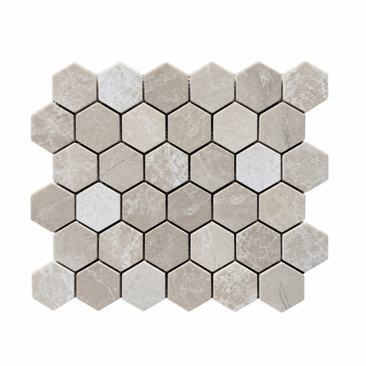 Belgravia Beige Polished Marble Hexagon Mosaic Tiles 48x48: front view of one complete mesh-mounted sheet