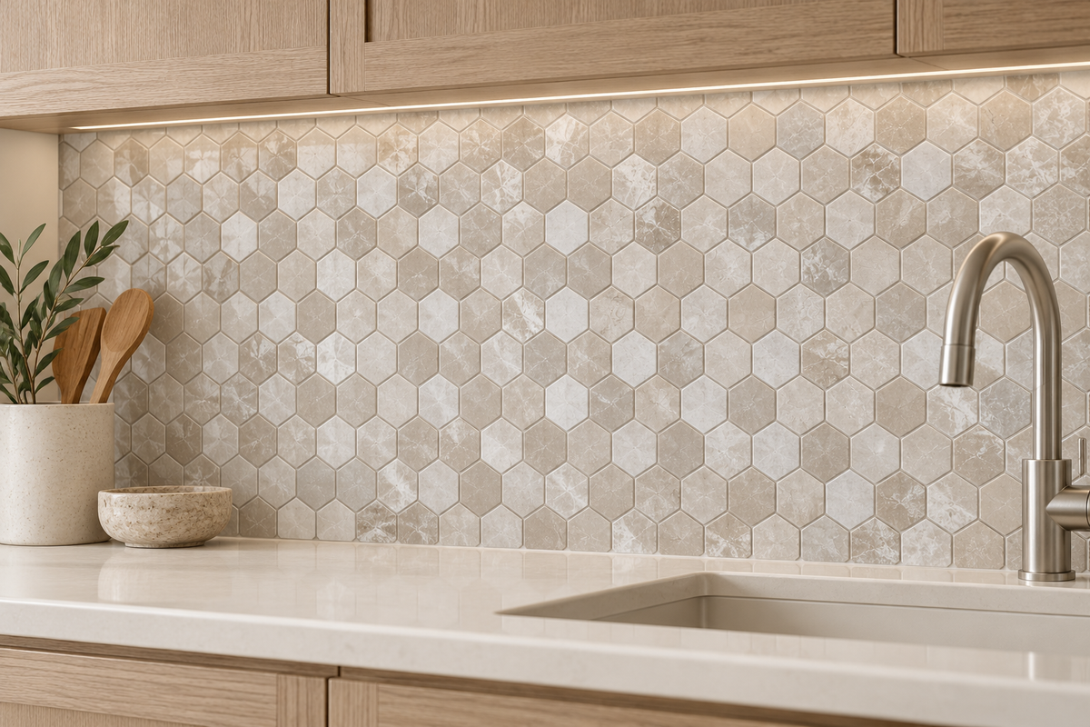 Belgravia Beige Polished Marble Hexagon Mosaic Tiles 48x48: installed as a kitchen splashback above a cream worktop