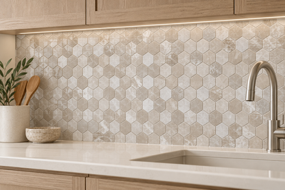 Belgravia Beige Polished Marble Hexagon Mosaic Tiles 48x48: installed as a kitchen splashback above a cream worktop