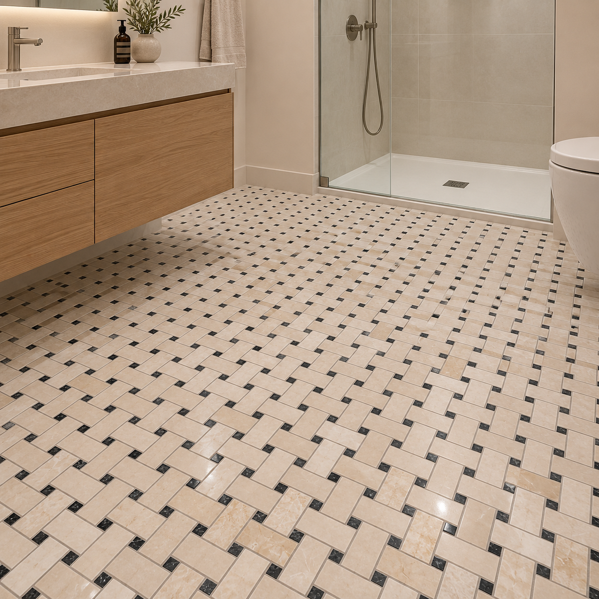 Belgravia Polished Marble Basket Weave Mosaic Tile: installed on a bathroom floor beside a walk-in shower
