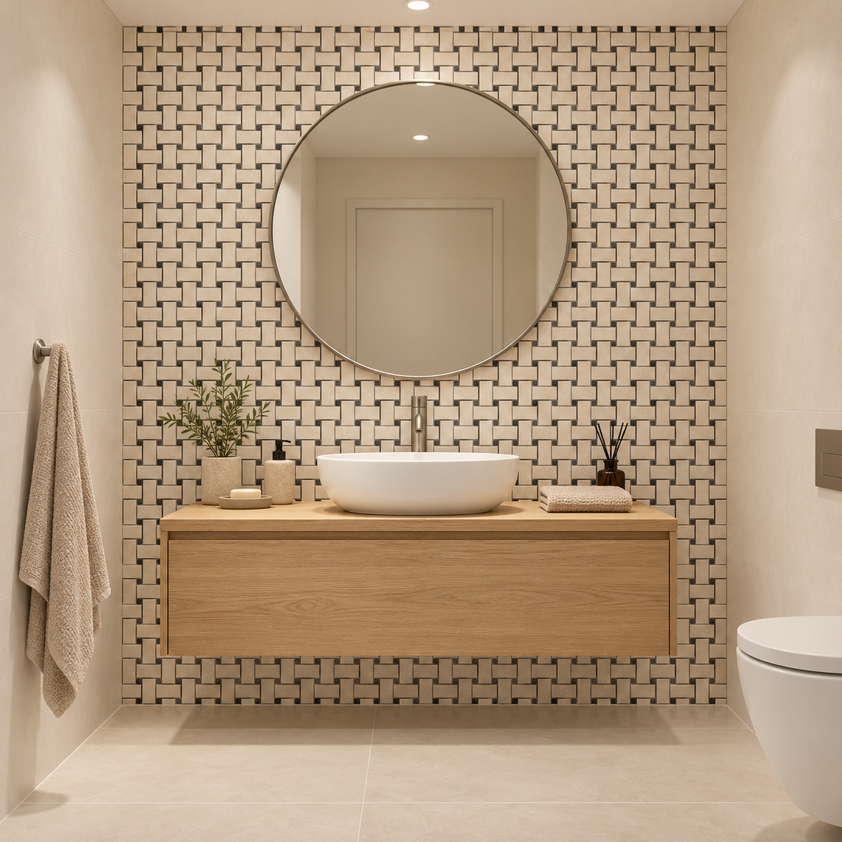 Belgravia Polished Marble Basket Weave Mosaic Tile: installed on a windowless bathroom vanity feature wall