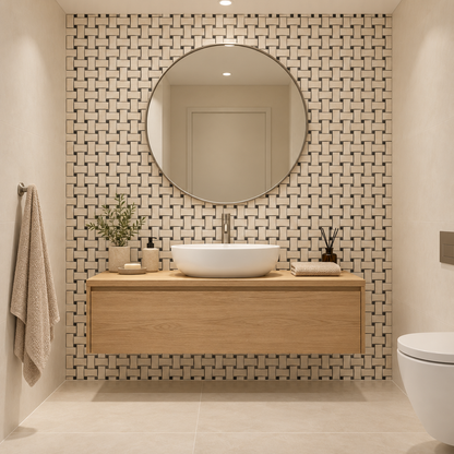 Belgravia Polished Marble Basket Weave Mosaic Tile: installed on a windowless bathroom vanity feature wall