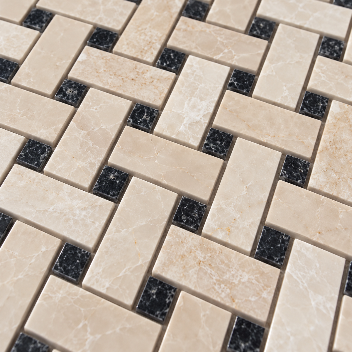 Belgravia Polished Marble Basket Weave Mosaic Tile: close-up of the natural stone texture, pattern and grout joints