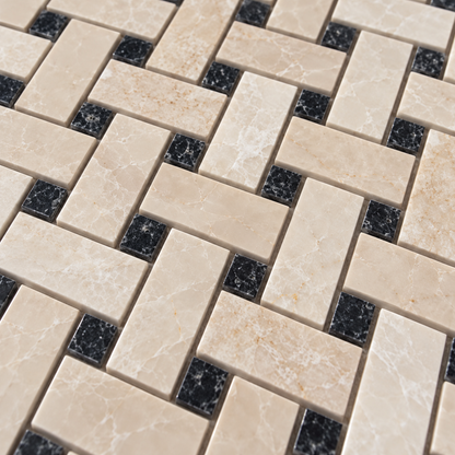 Belgravia Polished Marble Basket Weave Mosaic Tile: close-up of the natural stone texture, pattern and grout joints