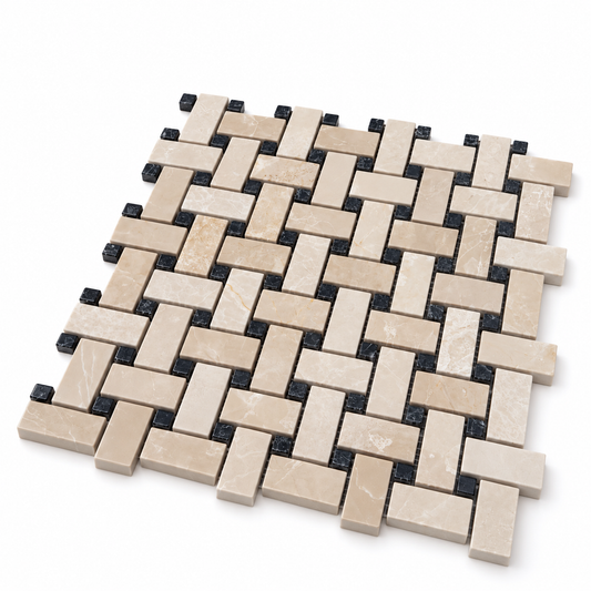 Belgravia Polished Marble Basket Weave Mosaic Tile: angled sheet view showing stone edges and thickness