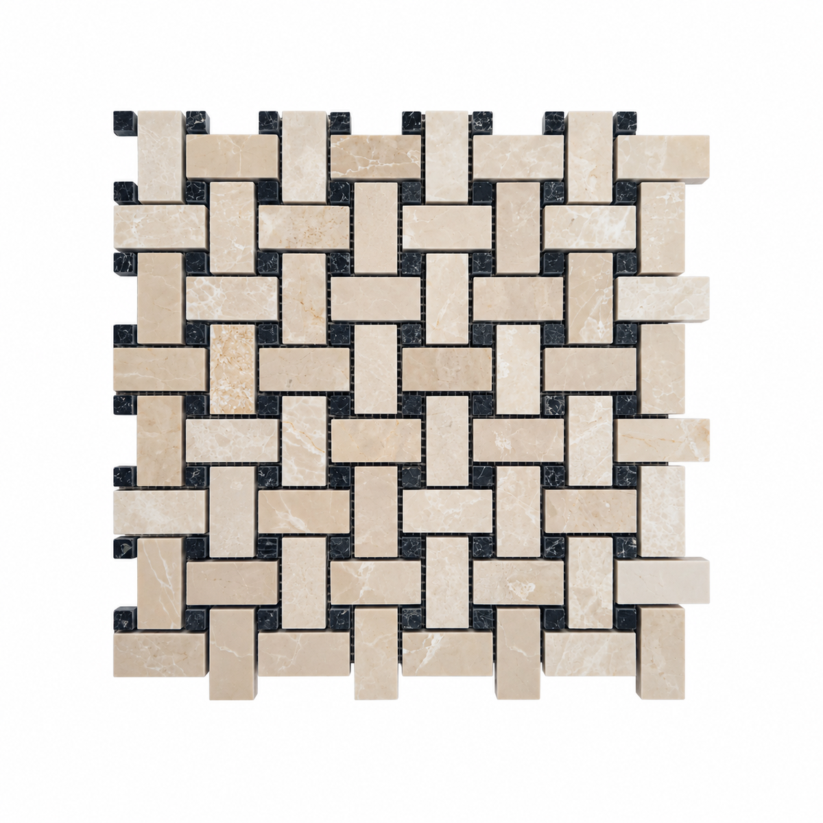 Belgravia Polished Marble Basket Weave Mosaic Tile: front view of one complete mesh-mounted sheet