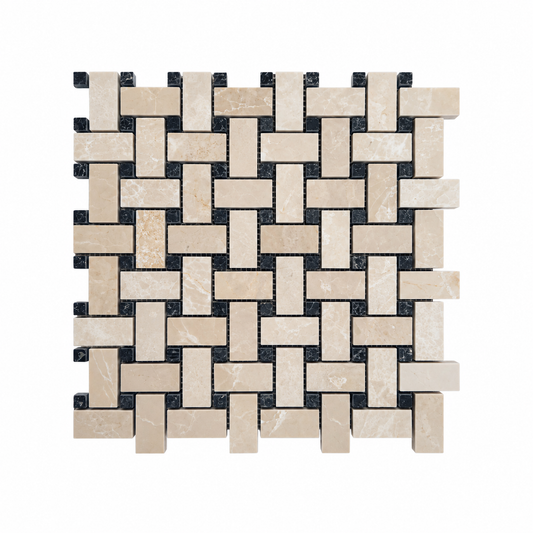 Belgravia Polished Marble Basket Weave Mosaic Tile: front view of one complete mesh-mounted sheet