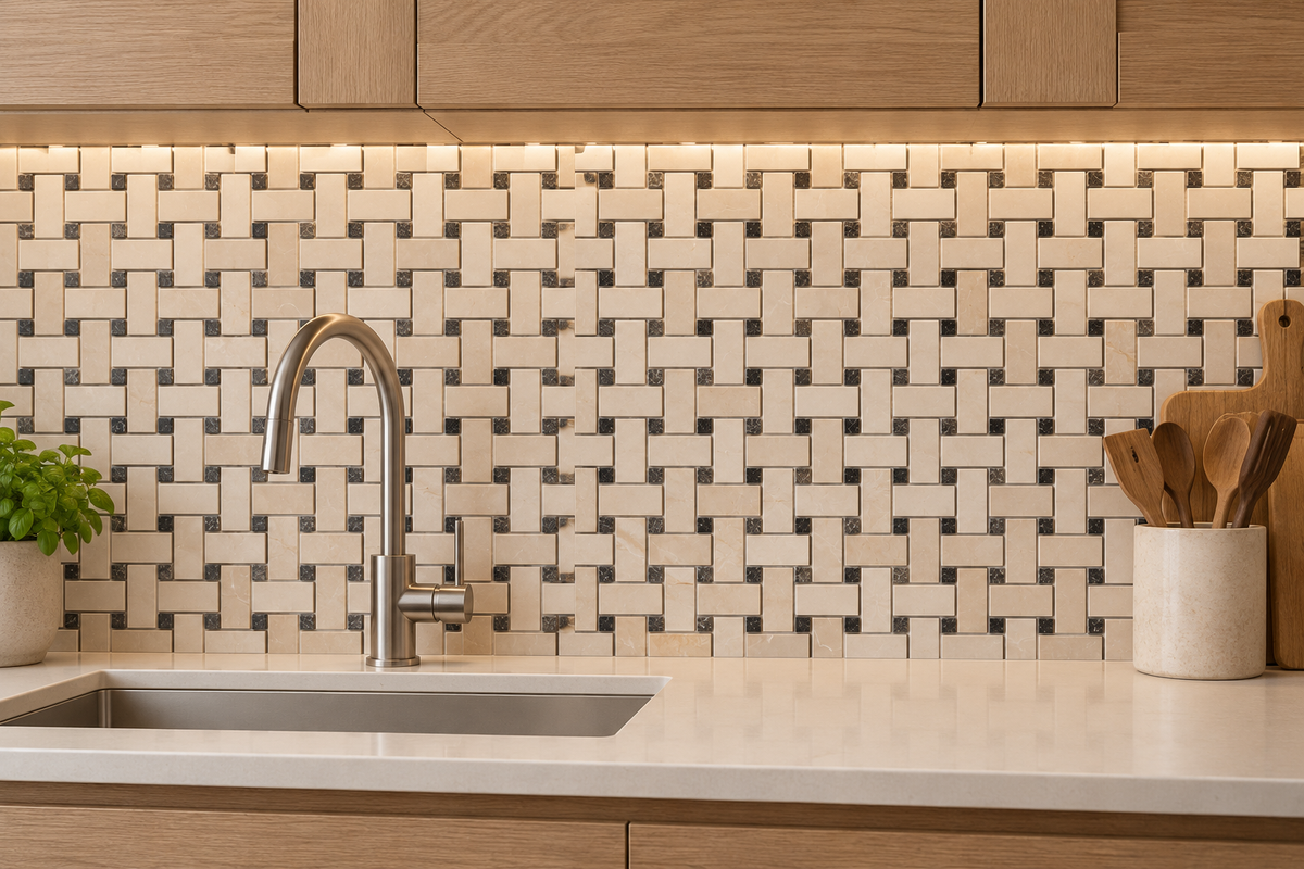 Belgravia Polished Marble Basket Weave Mosaic Tile: installed as a kitchen splashback above a cream worktop