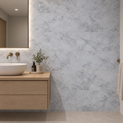 Calacatta Nimbus Cloud Honed Marble tiles on a bathroom vanity wall