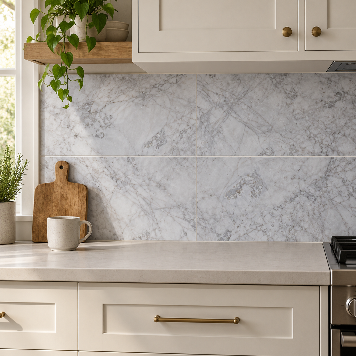 Calacatta Nimbus Cloud Honed Marble tiles used as a kitchen splashback