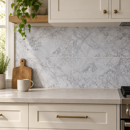 Calacatta Nimbus Cloud Honed Marble tiles used as a kitchen splashback