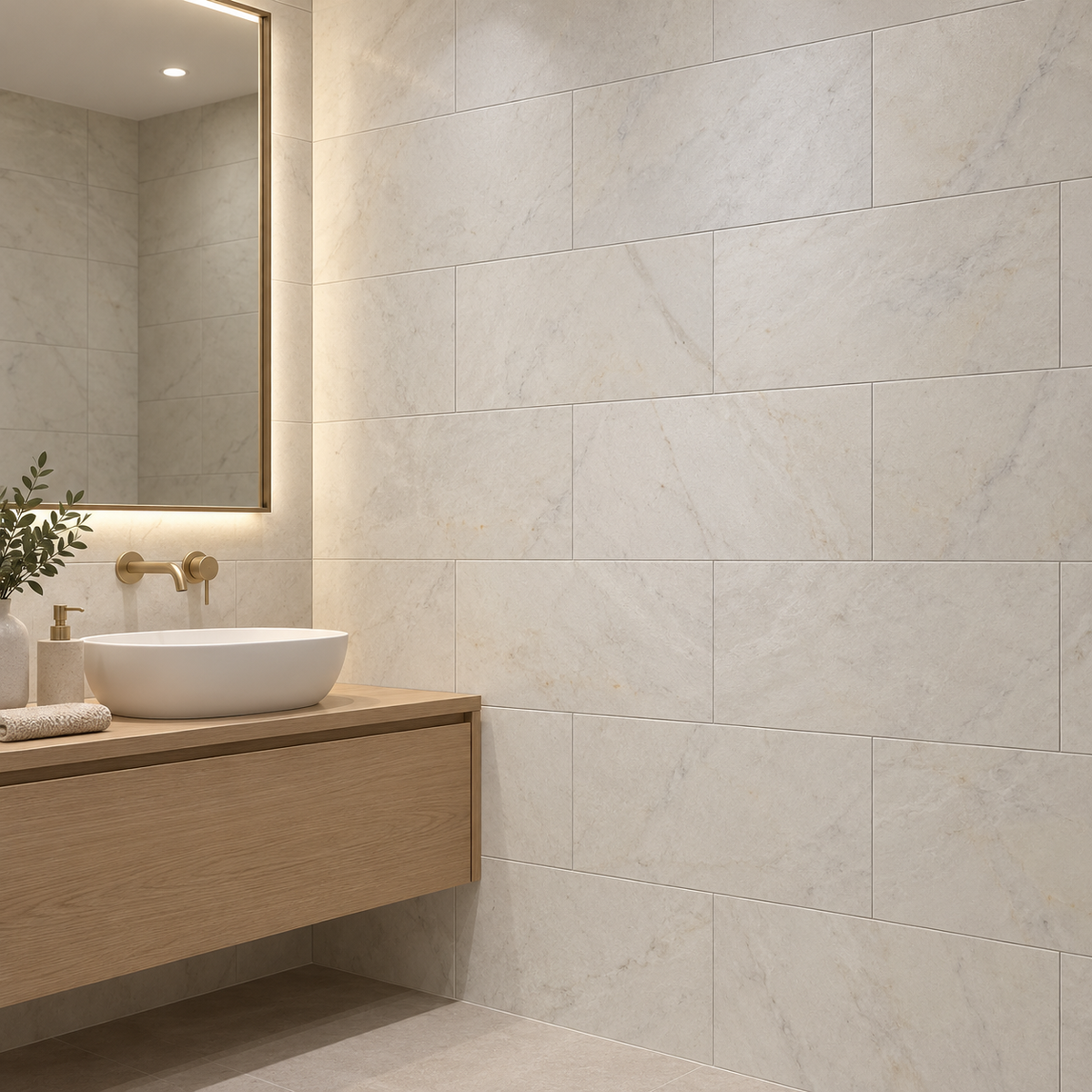 Calacatta Royale Vein White Honed Marble tiles on a bathroom vanity wall