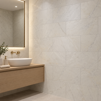 Calacatta Royale Vein White Honed Marble tiles on a bathroom vanity wall
