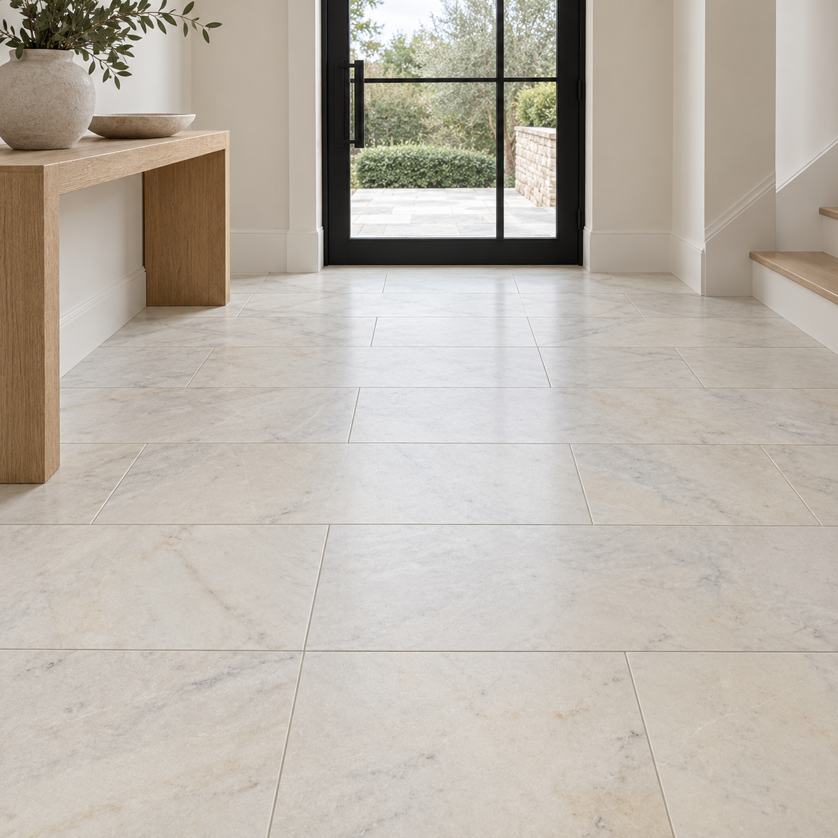 Calacatta Royale Vein White Honed Marble tiles installed on an entrance hallway floor