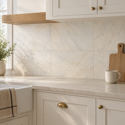 Calacatta Royale Vein White Honed Marble tiles used as a kitchen splashback