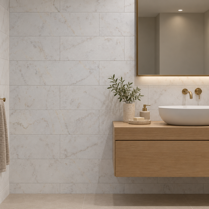 Calacatta Sugar Honed Marble tiles on a bathroom vanity wall