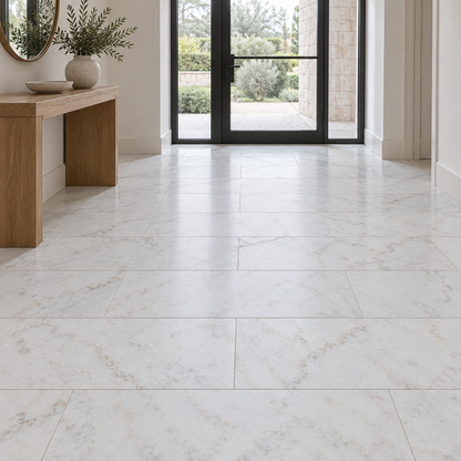 Calacatta Sugar Honed Marble tiles installed on an entrance hallway floor