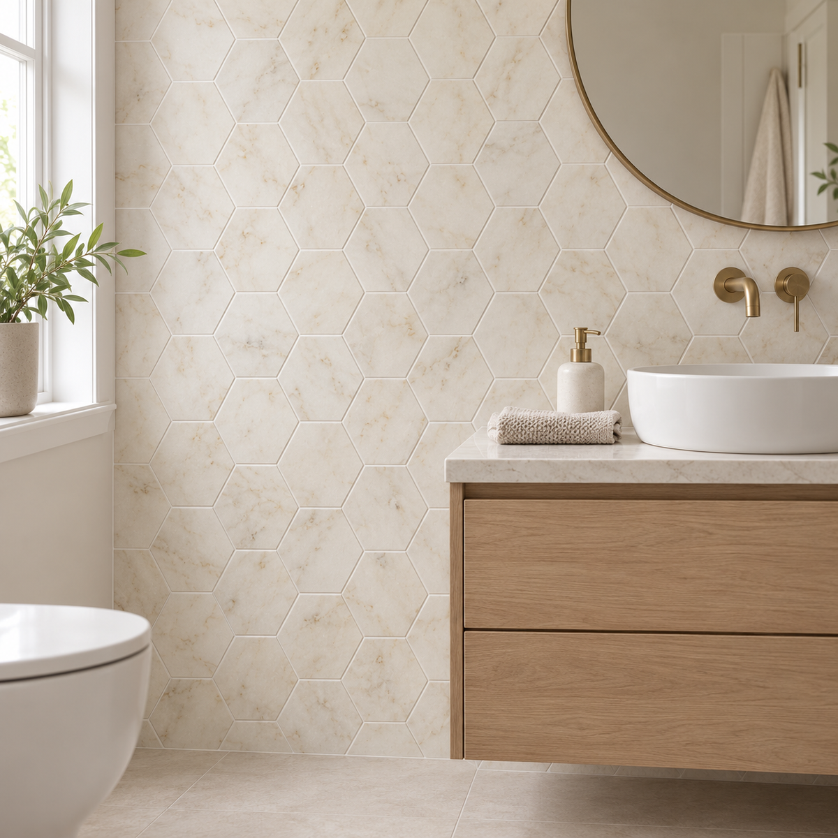 Calacatta Sugar honed marble hexagon tiles on a bathroom vanity wall with pale oak cabinetry