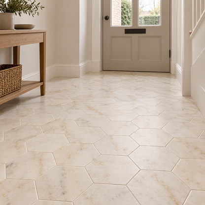 Calacatta Sugar honed marble hexagon tiles installed on an entrance hallway floor