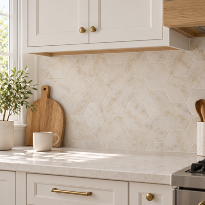 Calacatta Sugar honed marble hexagon tiles used as a kitchen splashback with warm white cabinets