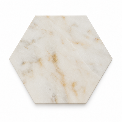 Calacatta Sugar honed marble hexagon tile, front view showing white stone with subtle amber-gold veining