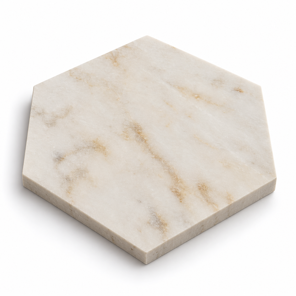 Calacatta Sugar honed marble hexagon tile, angled view showing the matte face and 10 mm raw sawn edges