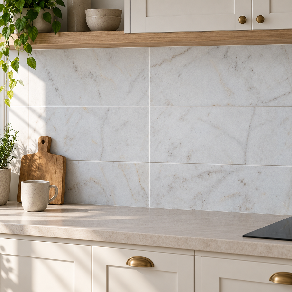 Calacatta Sugar Honed Marble tiles used as a kitchen splashback