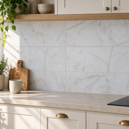 Calacatta Sugar Honed Marble tiles used as a kitchen splashback