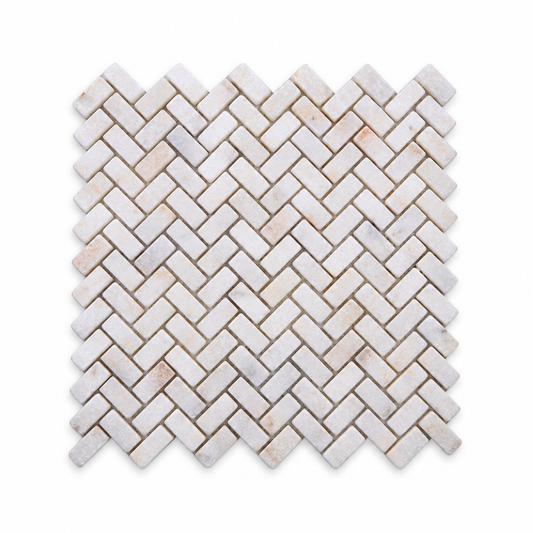Calacatta Sugar Tumbled Marble Herringbone Mosaic Tiles – complete mosaic sheet viewed from the front on white.