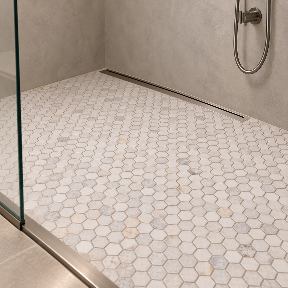 Calacatta Sugar Tumbled Marble Hexagon Mosaic Tile 23x23 – small 23 mm hexagon mosaic walk-in shower floor with linear drain.