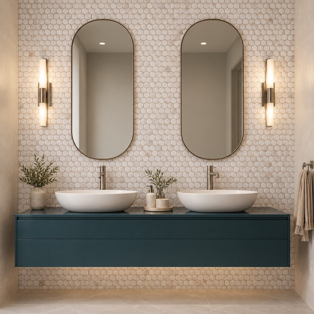 Calacatta Sugar Tumbled Marble Hexagon Mosaic Tile 23x23 – 23 mm hexagon mosaic wall behind a teal double vanity.