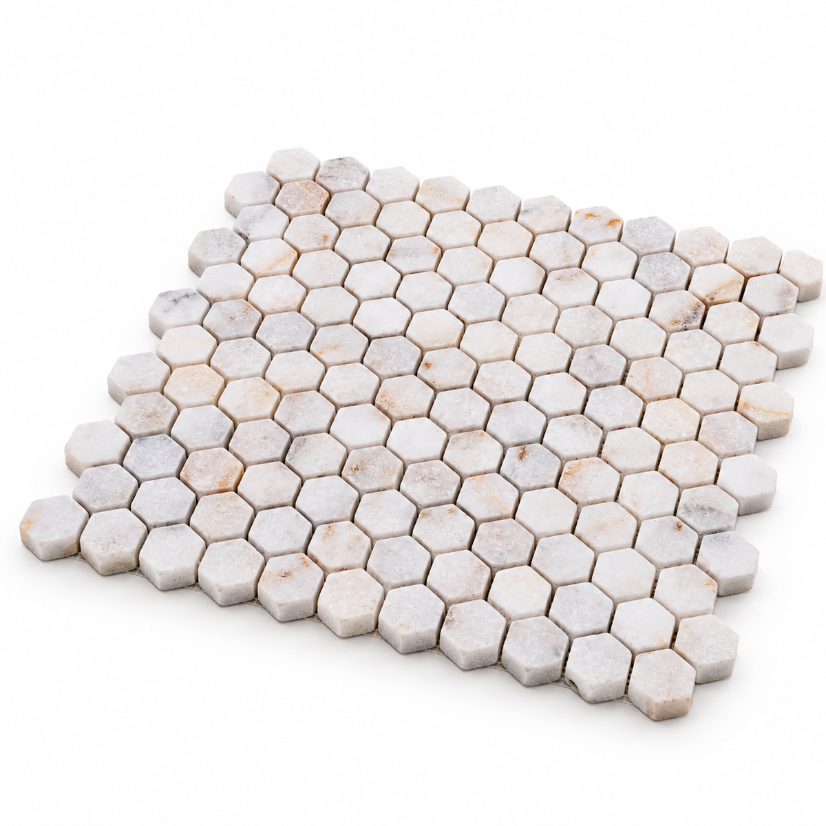 Calacatta Sugar Tumbled Marble Hexagon Mosaic Tile 23x23 – angled mosaic sheet showing natural stone edges and mesh backing.