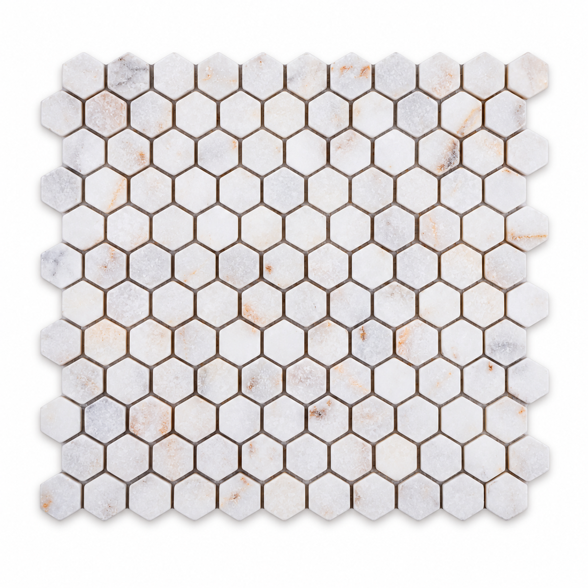 Calacatta Sugar Tumbled Marble Hexagon Mosaic Tile 23x23 – complete mosaic sheet viewed from the front on white.