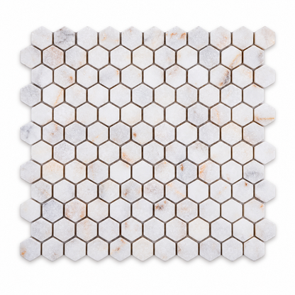 Calacatta Sugar Tumbled Marble Hexagon Mosaic Tile 23x23 – complete mosaic sheet viewed from the front on white.