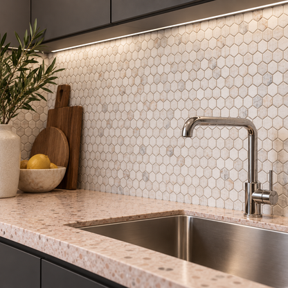 Calacatta Sugar Tumbled Marble Hexagon Mosaic Tile 23x23 – 23 mm hexagon mosaic kitchen splashback above a blush terrazzo worktop.