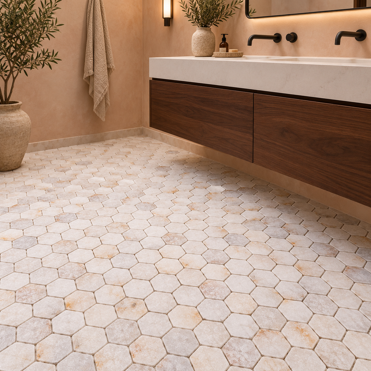 Calacatta Sugar Tumbled Marble Hexagon Mosaic Tiles 48x48 – 48 mm tumbled hexagon mosaic bathroom floor below a walnut vanity.