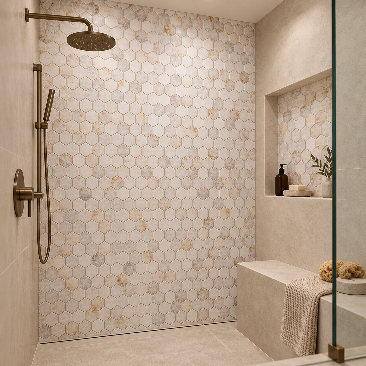 Calacatta Sugar Tumbled Marble Hexagon Mosaic Tiles 48x48 – 48 mm tumbled hexagon mosaic shower wall with a recessed niche.