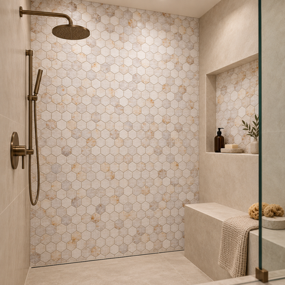 Calacatta Sugar Tumbled Marble Hexagon Mosaic Tiles 48x48 – 48 mm tumbled hexagon mosaic shower wall with a recessed niche.
