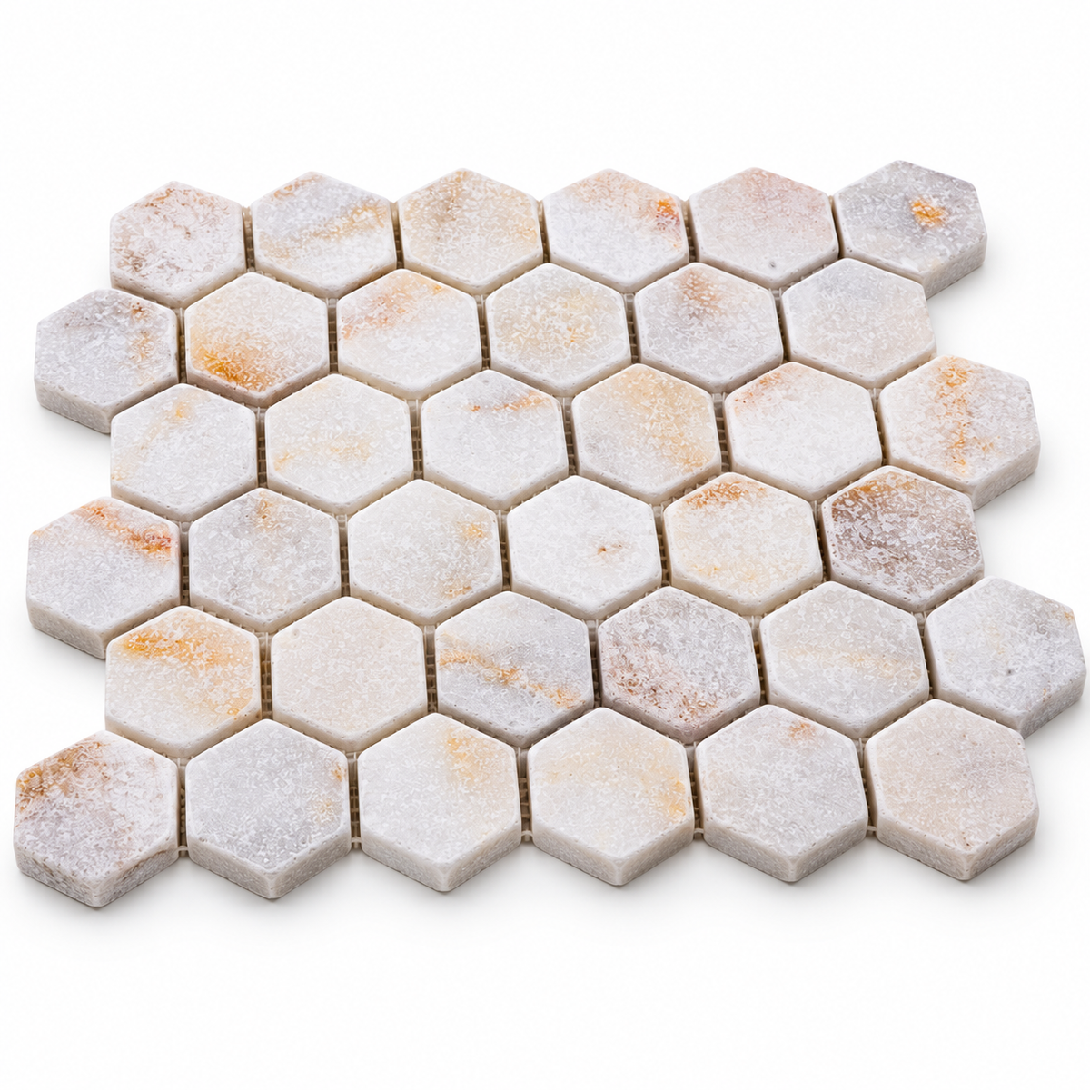 Calacatta Sugar Tumbled Marble Hexagon Mosaic Tiles 48x48 – angled mosaic sheet showing natural stone edges and mesh backing.