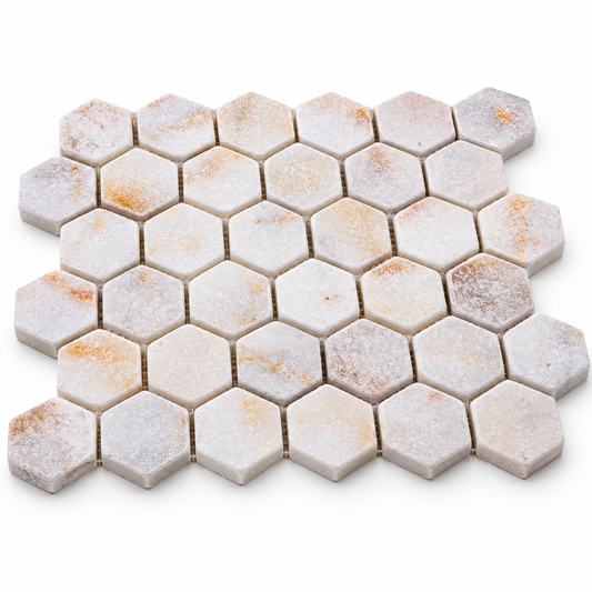 Calacatta Sugar Tumbled Marble Hexagon Mosaic Tiles 48x48 – angled mosaic sheet showing natural stone edges and mesh backing.