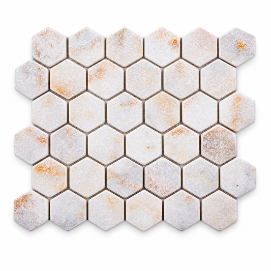 Calacatta Sugar Tumbled Marble Hexagon Mosaic Tiles 48x48 – complete mosaic sheet viewed from the front on white.