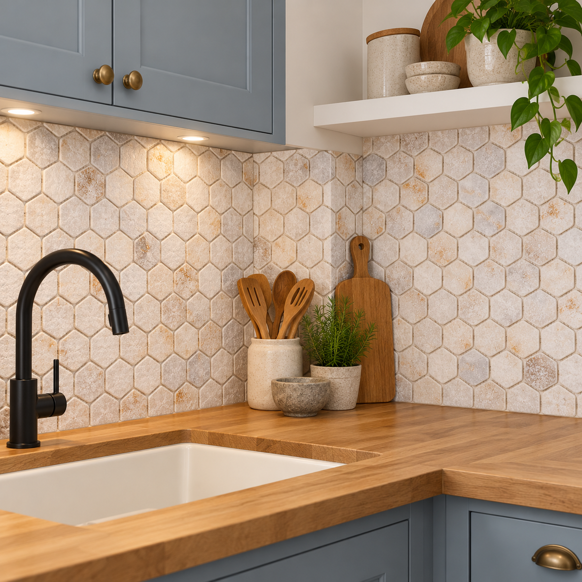 Calacatta Sugar Tumbled Marble Hexagon Mosaic Tiles 48x48 – 48 mm tumbled hexagon mosaic splashback above a timber kitchen worktop.