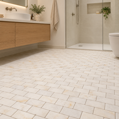 Calacatta Sugar Tumbled Marble Brick Mosaic Tiles 50x100: installed on a bathroom floor beside a walk-in shower